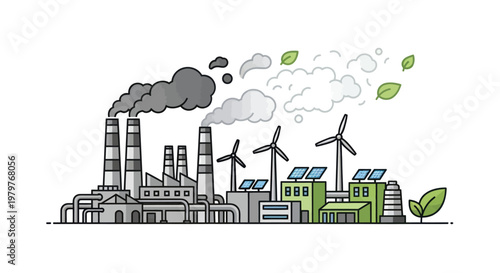 Industry vs Nature: Pollution from Factory vs. Clean Energy from Wind Turbines and Solar Panels