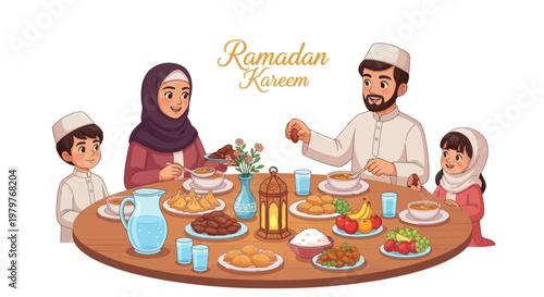 Ramadan Kareem Family Iftar Meal Celebration - Muslim Family Eating Together