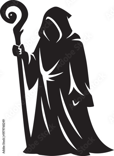 Mysterious cloaked figure holding a shepherd’s crook symbolizing guidance and tradition Vector, illustration