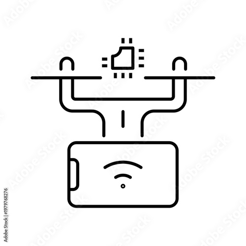 Drone camera icon. Technology and aerial photography line symbol. Black and white.