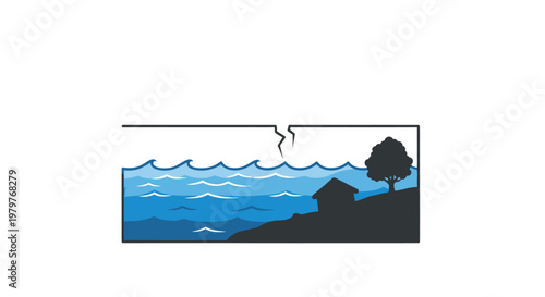 Cracked dam with water spilling over, threatening a small house and tree.