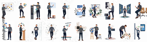 Collection of flat vector illustrations featuring a male technology professional engaged in software development, data analysis, server management, and corporate presentations.