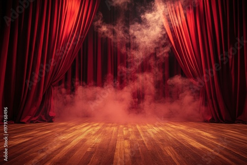 Red velvet theater curtains opening with dramatic stage fog lighting