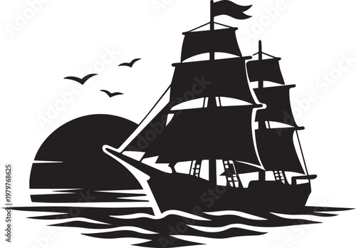 Quadro su tela A majestic black and white illustration of a classic sailing ship navigating cal