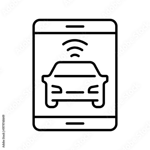 Mobile car app icon. Technology and connected car line symbol. Black and white.