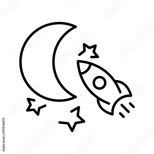 Moon rocket icon. Science and spaceflight line symbol. Black and white.