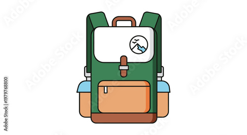 Green and orange backpack with mountain logo, flat design, isolated on white