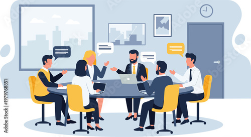 Diverse business team in modern office meeting room with laptops in flat illustration style for corporate branding