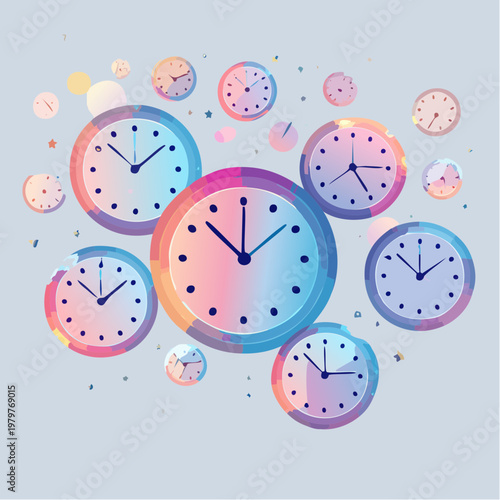 A colorful and whimsical arrangement of clocks, symbolizing time and its passage in a dreamlike setting