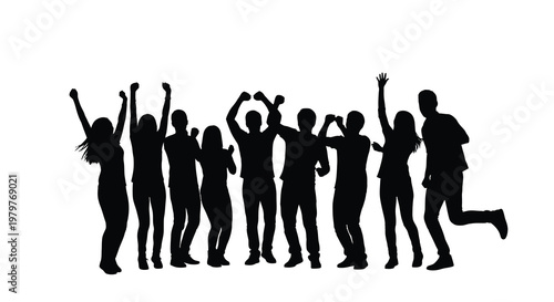 Joyful group of people jumping and celebrating together a dark silhouette