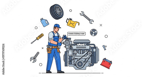 Mechanic Working on Engine with Tools and Parts Floating Around.