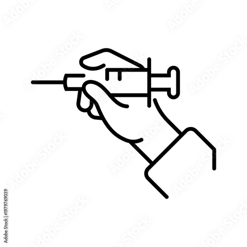 Syringe injection icon. Healthcare and injection line symbol. Black and white.