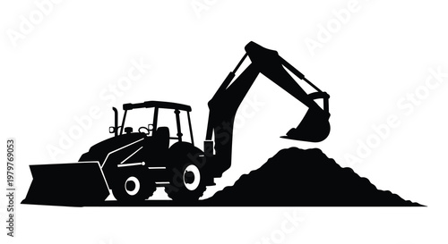 Backhoe loader working with a pile of dirt black silhouette