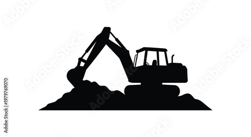 Black excavator working on a dirt mound striking graphic silhouette