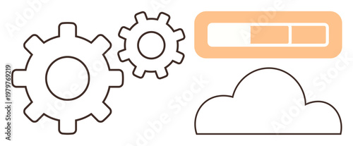 Cloud computing, data storage, technology process, server management, progress tracking, cloud services. Two gear icons next to a progress bar and a cloud shape. Cloud computing and data storage ion