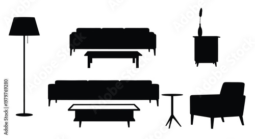 Minimalist living room furniture set depicted in stark black silhouette