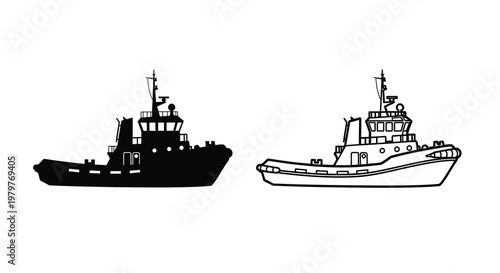 Two tugboats one in solid black and one outlined silhouette