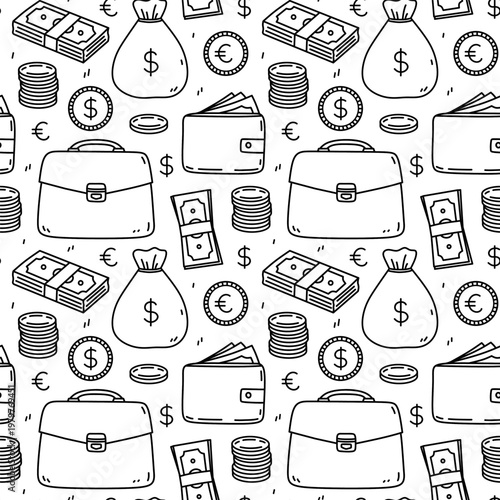 Seamless finance pattern with money bags, wallet, briefcase, coins and cash. Black and white doodle background for business, savings, investment design. Vector hand-drawn illustration.