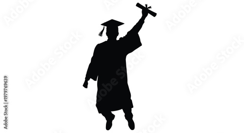 Jumping graduate celebrating success with diploma a striking silhouette