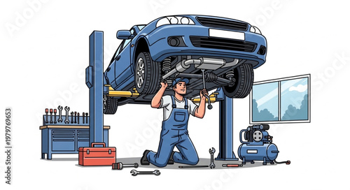 Mechanic Working Underneath a Car on a Lift.