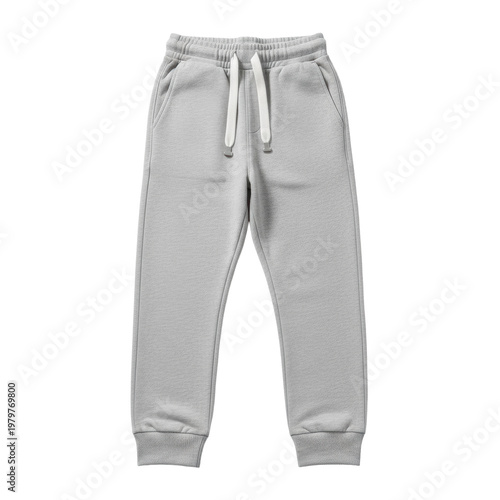 Light grey sweatpants with white drawstring and ribbed cuffs laid flat on a white background with soft lighting professional product display concept
