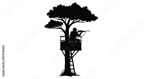 Hunter in a tree stand aiming a rifle striking black silhouette