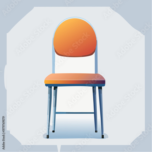 A simple orange and blue metal chair with a cushioned seat and backrest