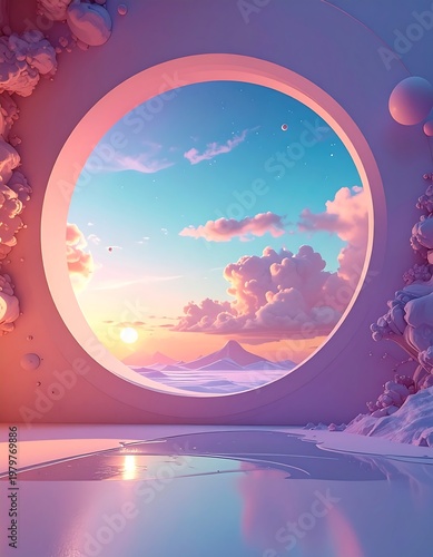 Circular window to pastel sky, fluffy clouds, distant mountains, on glossy floor w/ abstract white rocks