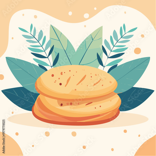 Delicious Flatbreads with Decorative Leaves Illustration