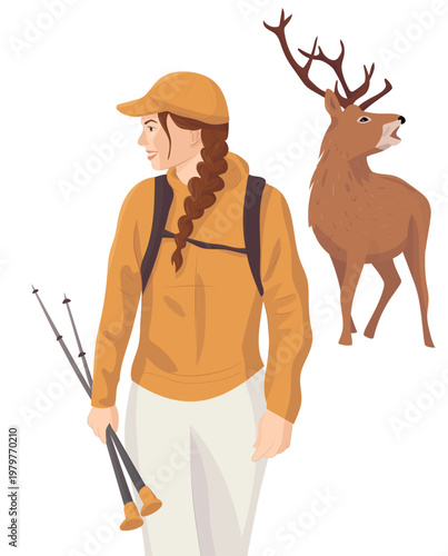 Woman Hiker Observing a Deer in Nature