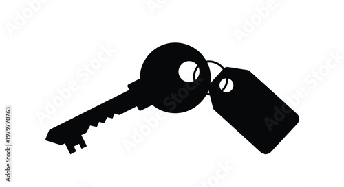 A black key and tag hanging together simple graphic silhouette