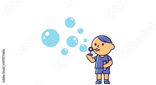 Cartoon boy blowing bubbles, blue illustration, kid's activity, vector graphic