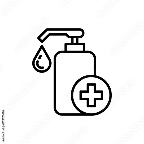 Hand Sanitizer Bottle With Pump Spraying Liquid Droplet