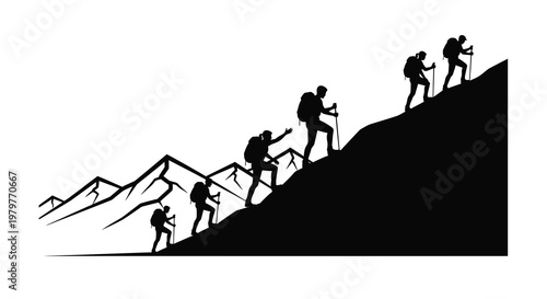 Hikers ascend a steep mountain trail depicted in black silhouette
