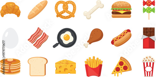 Fast food and breakfast icon set with burger, pizza, fries, hot dog, croissant, bread, egg, bacon, popcorn vector illustration collection