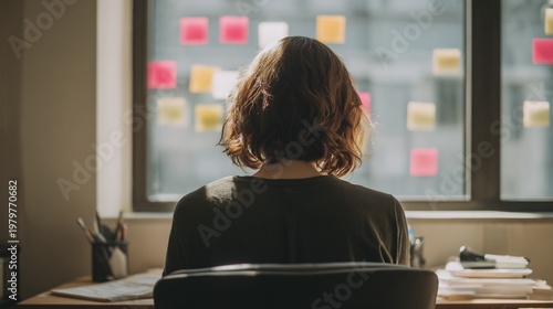 Over shoulder view of the same person sitting at a modern office desk placing sticky notes on documents same desk arrangement natural window light minimal clean workspace neutral tones cinematic depth