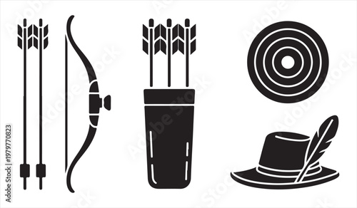 Bow and arrow collection with target and equipment simple archery sport illustration