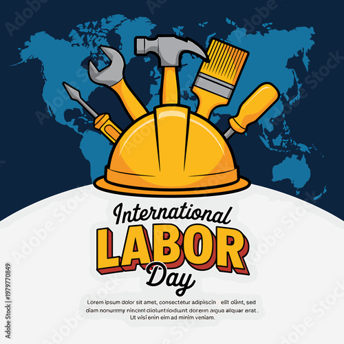 International Labor Day celebration with tools and hard hat on world map background