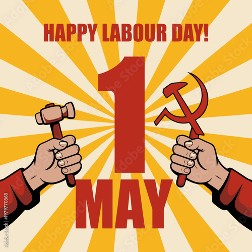 Labour Day celebration with hammer and sickle on sunny background