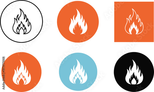 Fire Flame Icon Set with Heat Energy Symbols in Circle and Square Shapes for Warning Hazard Safety and Power Design Concepts