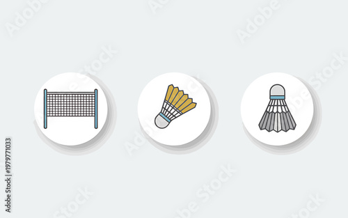 Badminton sport equipment icons with net and shuttlecocks on white circles