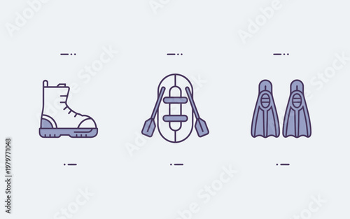 Line icons of hiking boot flippers and life jacket for outdoor activities and water sports