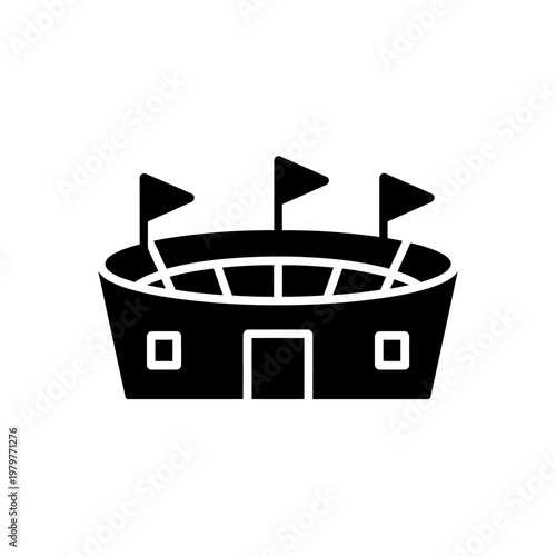 Black and white illustration of a stadium with flags  sports venue icon