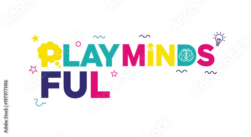 Colorful playmindsful logo, kids educational vector, learning fun typography, playful colorful text