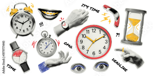 Trendy paper cutout collage elements. Halftone style time stickers with doodles. Collage template design for time, deadline, and time management.