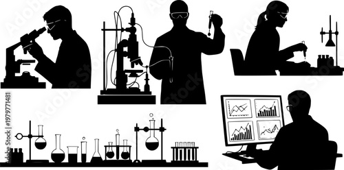 Silhouette vector illustration of scientists working in laboratory, researchers conducting experiments, analyzing samples, and using microscope for scientific research and innovation