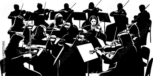 Silhouette vector illustration of musicians playing violins in orchestra performance, classical music concert group, string ensemble artwork for design and educational projects.