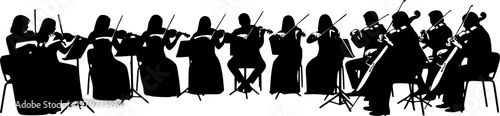 Silhouette vector illustration of musicians playing violins in orchestra performance, classical music concert group, string ensemble artwork for design and educational projects.