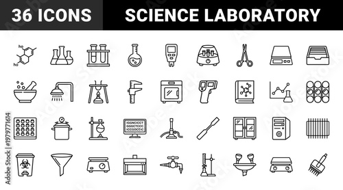 Science laboratory line icons for medical research and chemistry