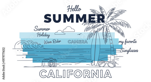 Summer California, beach vacation, surfboard, palm tree design, typographic illustration